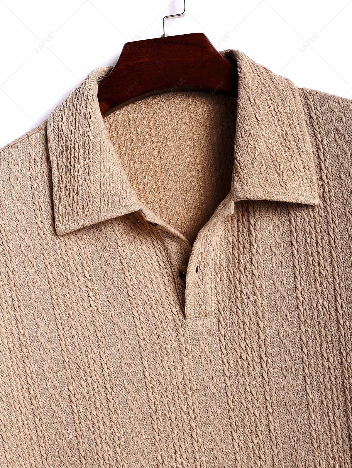 Men\'s Cable Knit Jacquard Textured Polo Collar Half Buttoned Short Sleeves T-shirt COFFEE - PURECLO