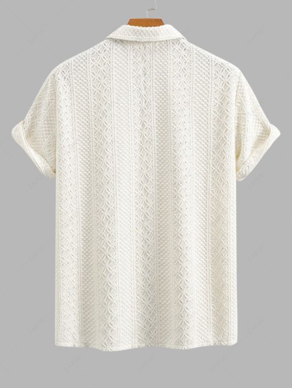 Men\'s Crochet Openwork Jacquard Camp Collar Button Up Short Sleeves Shirt BEIGE - PURECLO