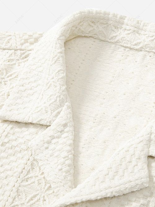 Men\'s Crochet Openwork Jacquard Camp Collar Button Up Short Sleeves Shirt BEIGE - PURECLO