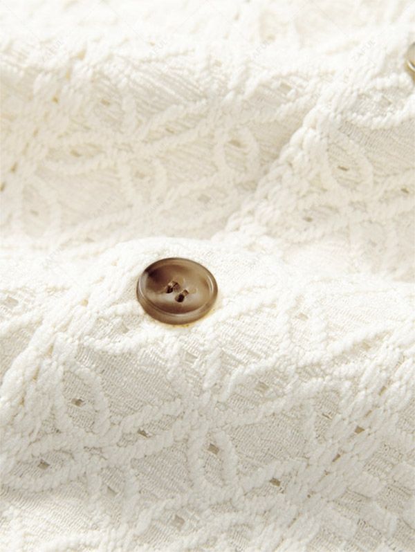 Men\'s Crochet Openwork Jacquard Camp Collar Button Up Short Sleeves Shirt BEIGE - PURECLO