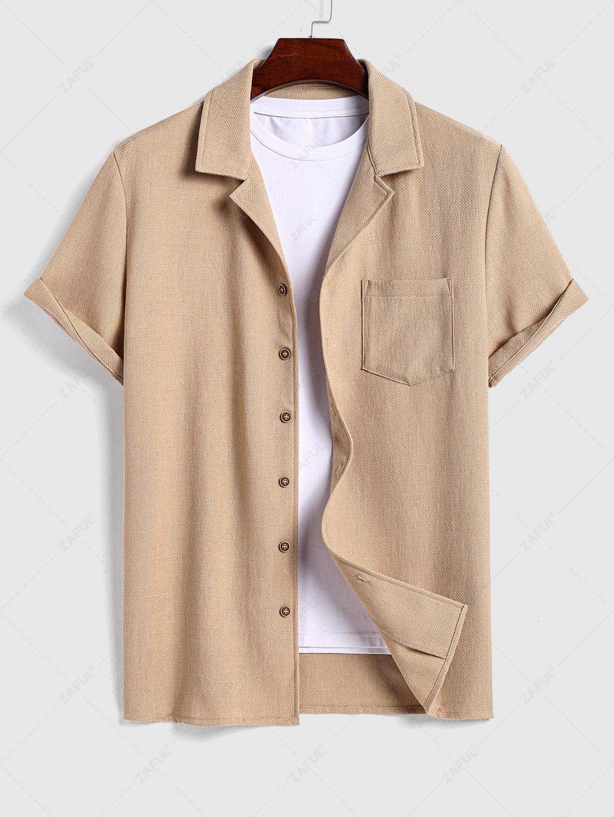 Men\'s Cotton And Linen Textured Pocket Design Camp Collar Button Up Short Sleeves Shirt And Drawstring Straight Leg Pants Set BLACK LIGHT BLUE COFFEE - PURECLO