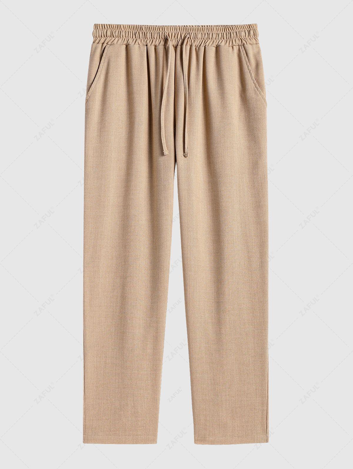 Men\'s Cotton And Linen Textured Pocket Design Camp Collar Button Up Short Sleeves Shirt And Drawstring Straight Leg Pants Set BLACK LIGHT BLUE COFFEE - PURECLO