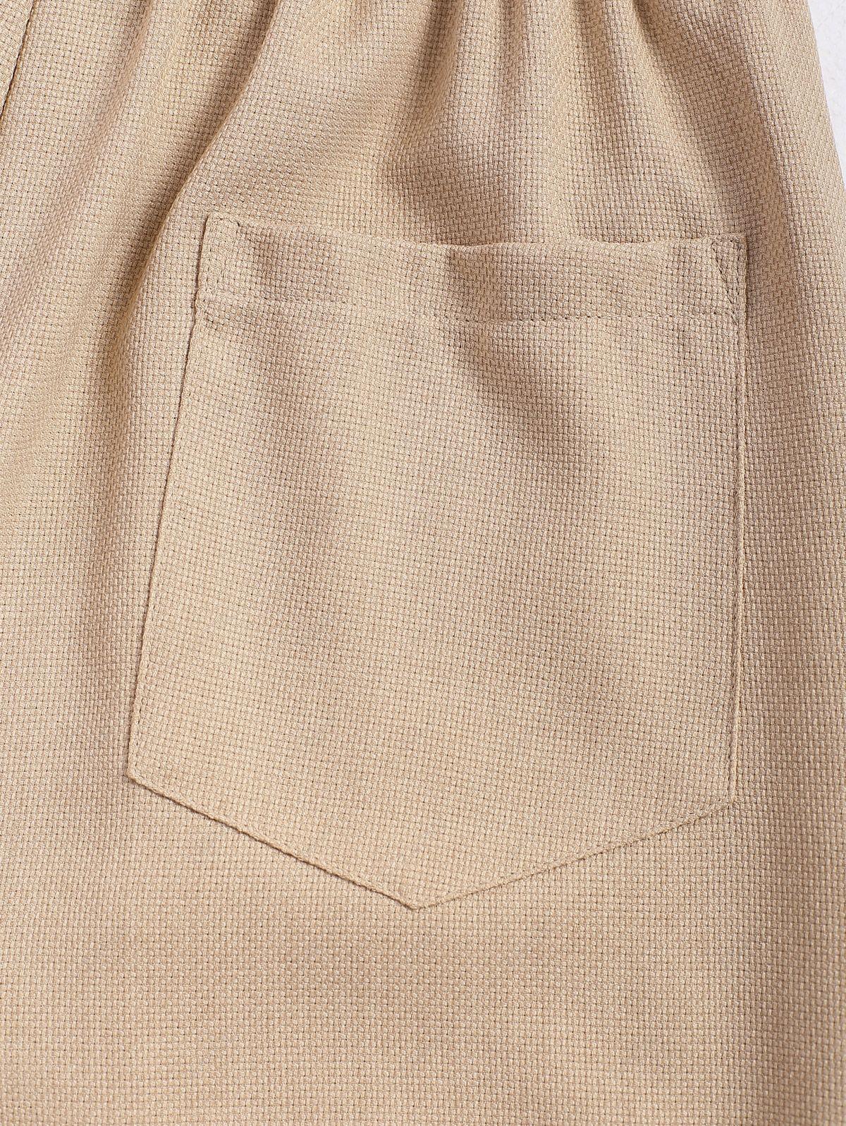 Men\'s Cotton And Linen Textured Pocket Design Camp Collar Button Up Short Sleeves Shirt And Drawstring Straight Leg Pants Set BLACK LIGHT BLUE COFFEE - PURECLO