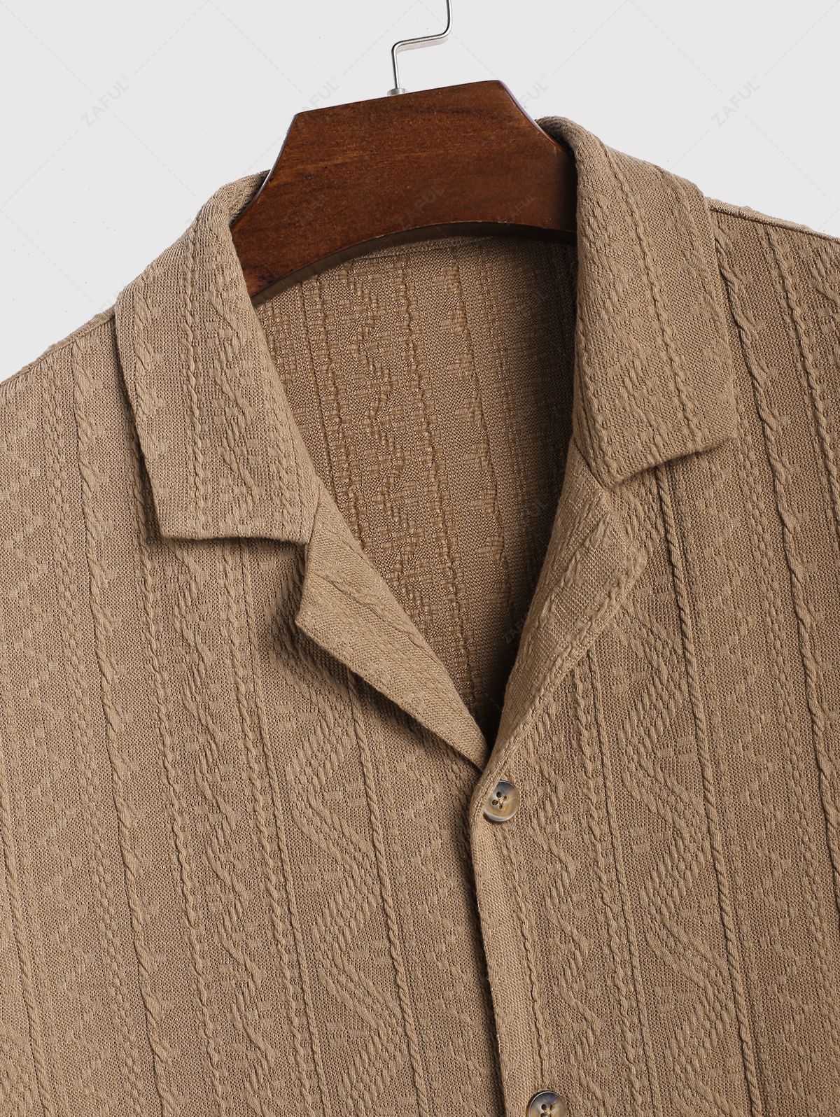 Men\'s Geometric Knit Jacquard Textured Camp Collar Button Up Short Sleeves Shirt DEEP COFFEE - PURECLO
