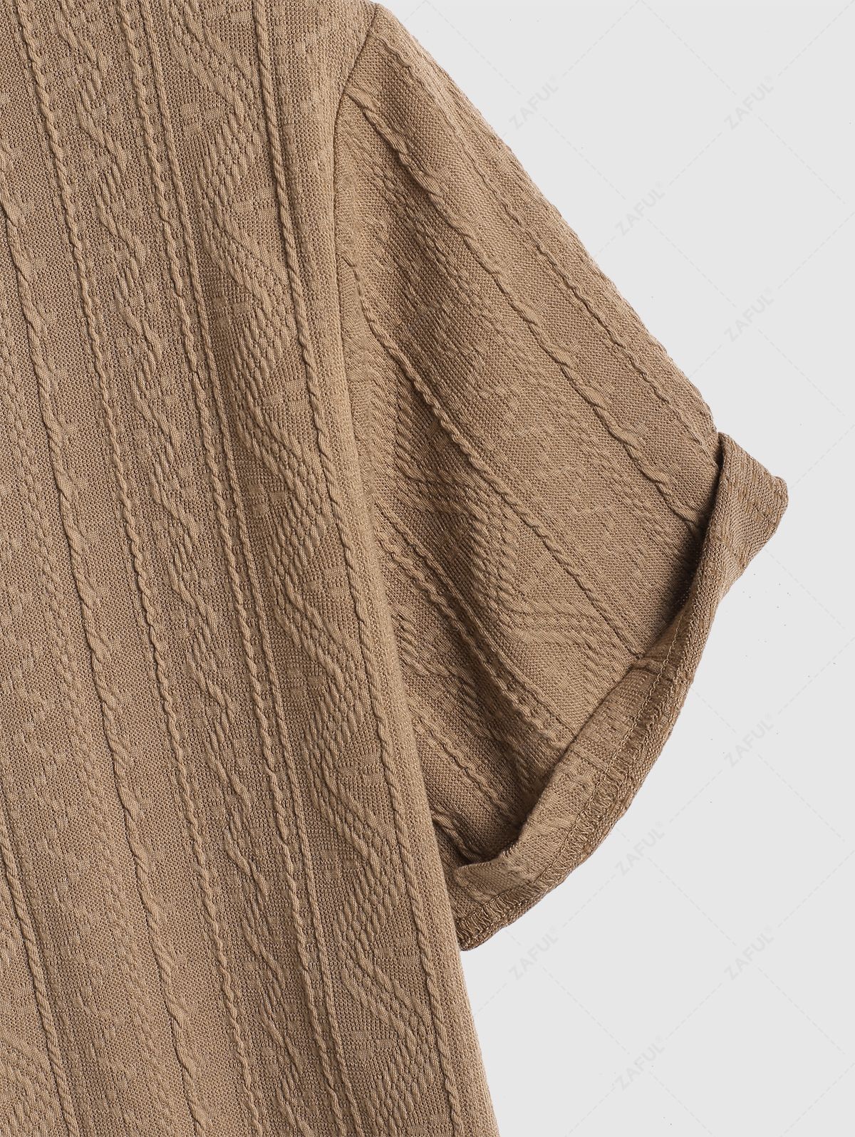Men\'s Geometric Knit Jacquard Textured Camp Collar Button Up Short Sleeves Shirt DEEP COFFEE - PURECLO