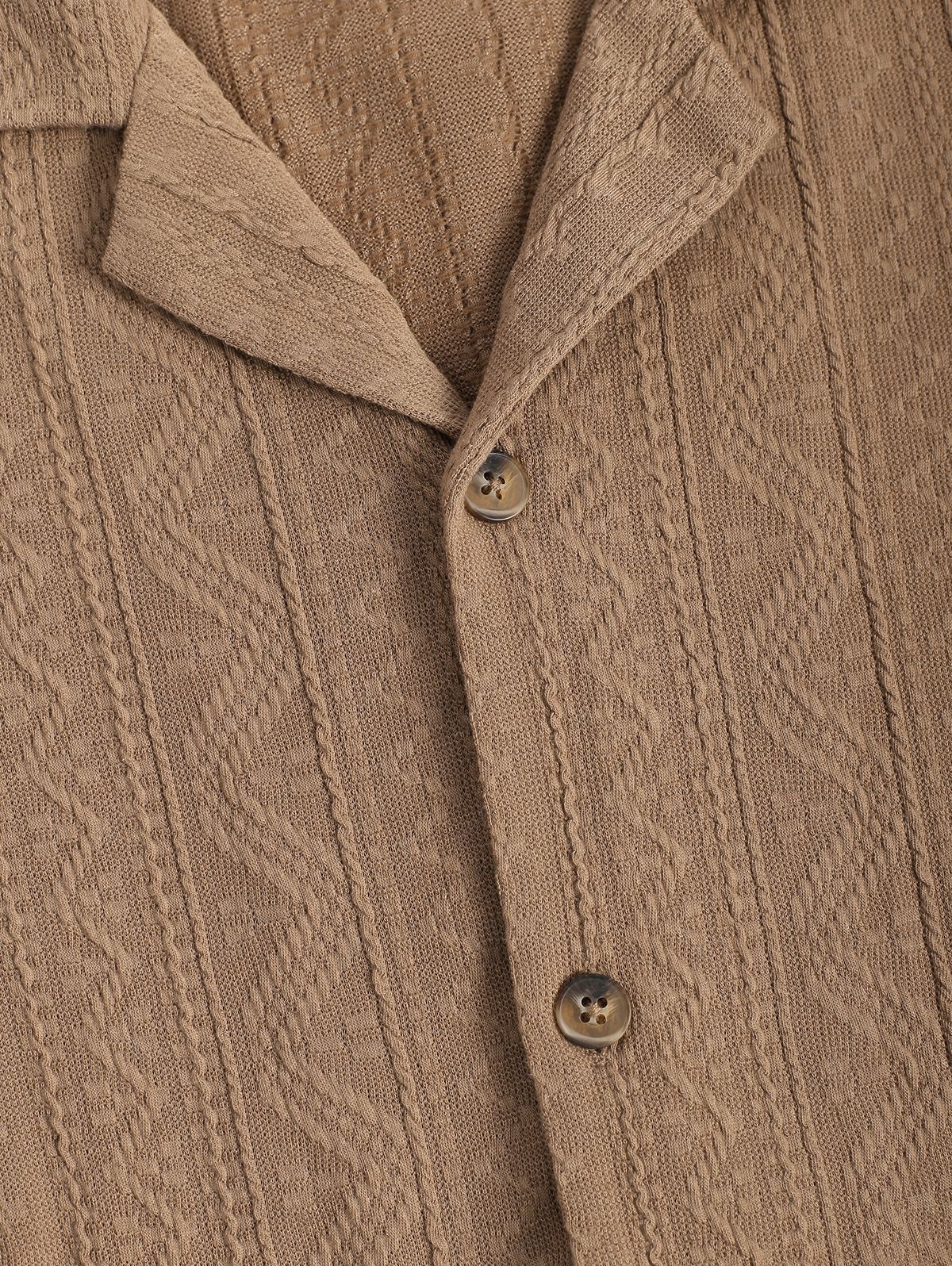 Men\'s Geometric Knit Jacquard Textured Camp Collar Button Up Short Sleeves Shirt DEEP COFFEE - PURECLO