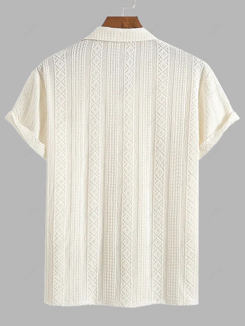 Men\'s Solid Color Geometric Textured Camp Collar Button Up Short Sleeves Shirt CHAMPAGNE - PURECLO