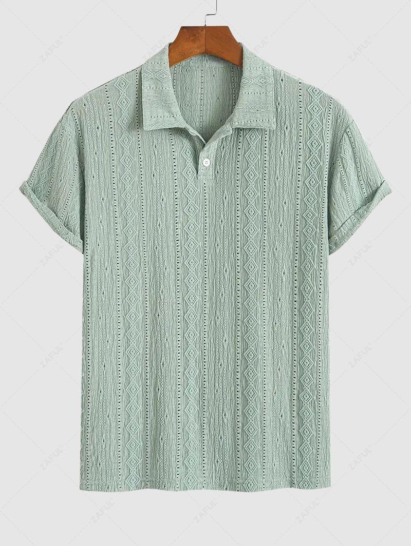 Men\'s Solid Color Textured Openwork Polo Collar Half Buttoned Short Sleeves Shirt LIGHT GREEN DEEP COFFEE - PURECLO