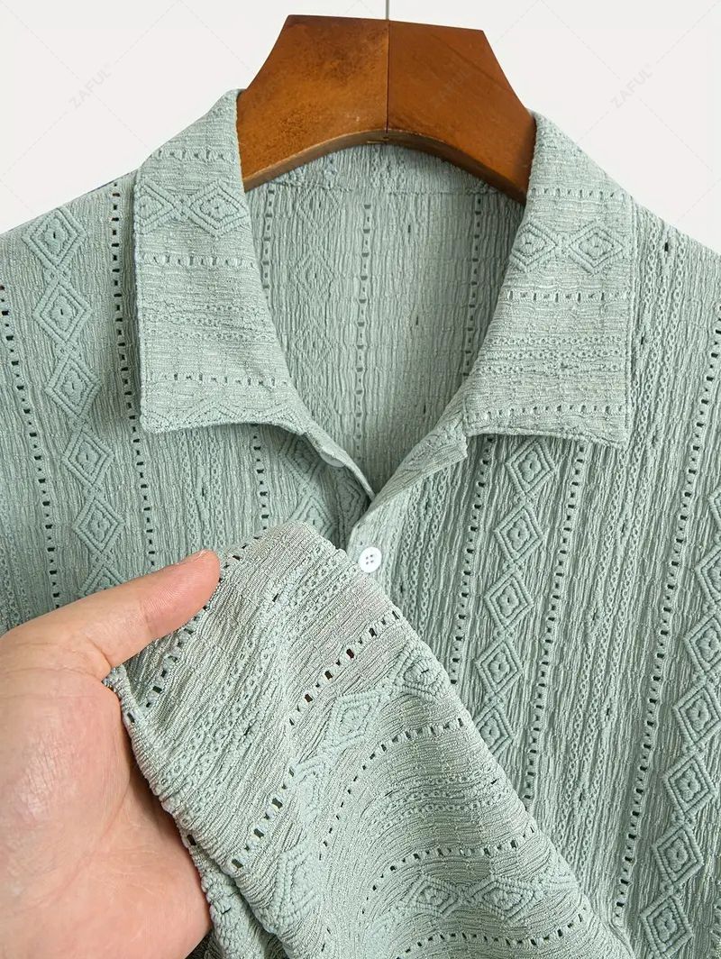 Men\'s Solid Color Textured Openwork Polo Collar Half Buttoned Short Sleeves Shirt LIGHT GREEN DEEP COFFEE - PURECLO