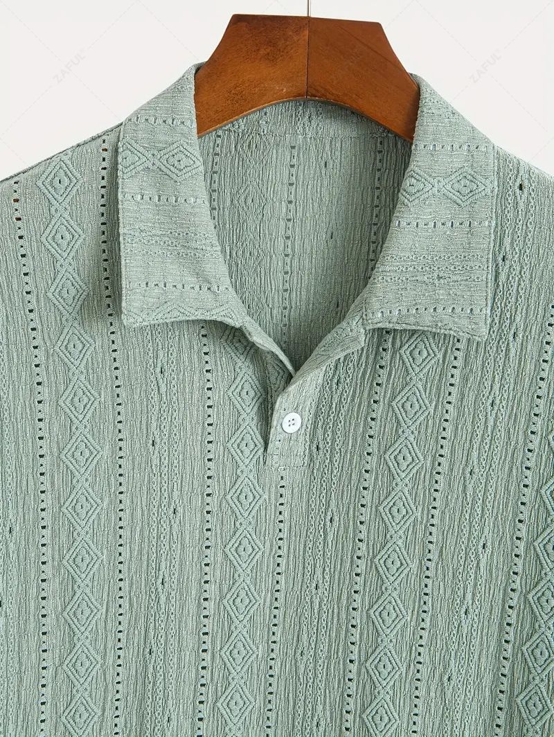 Men\'s Solid Color Textured Openwork Polo Collar Half Buttoned Short Sleeves Shirt LIGHT GREEN DEEP COFFEE - PURECLO