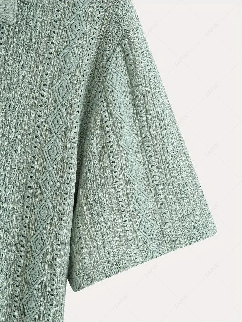 Men\'s Solid Color Textured Openwork Polo Collar Half Buttoned Short Sleeves Shirt LIGHT GREEN DEEP COFFEE - PURECLO