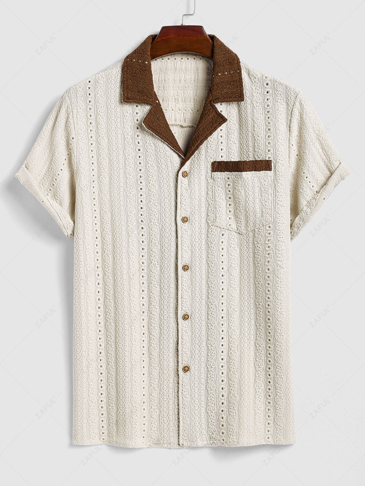 Men\'s Contrast Color Lace Pocket Design Camp Collar Button Up Short Sleeves Shirt LIGHT COFFEE - PURECLO