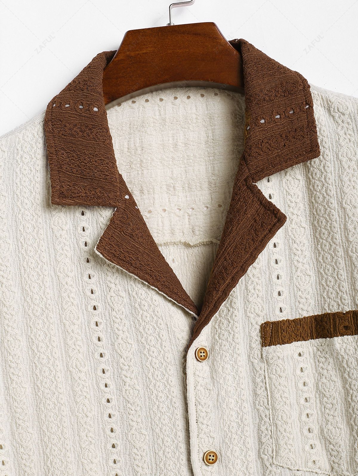 Men\'s Contrast Color Lace Pocket Design Camp Collar Button Up Short Sleeves Shirt LIGHT COFFEE - PURECLO