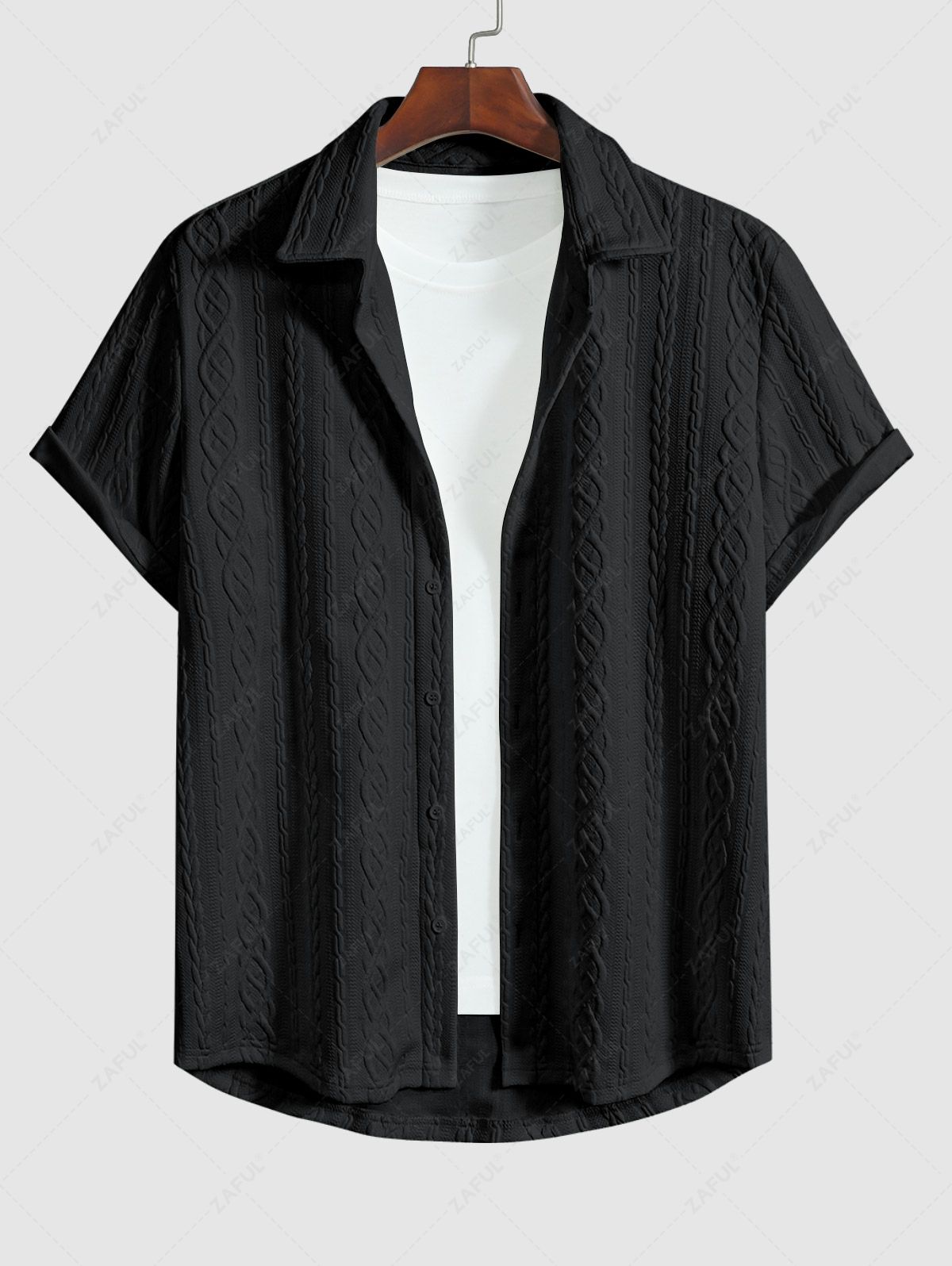 Men\'s Solid Color Cable Knit Jacquard Textured Button Up Short Sleeves Shirt And Drawstring Shorts Set WHITE BLACK COFFEE - PURECLO