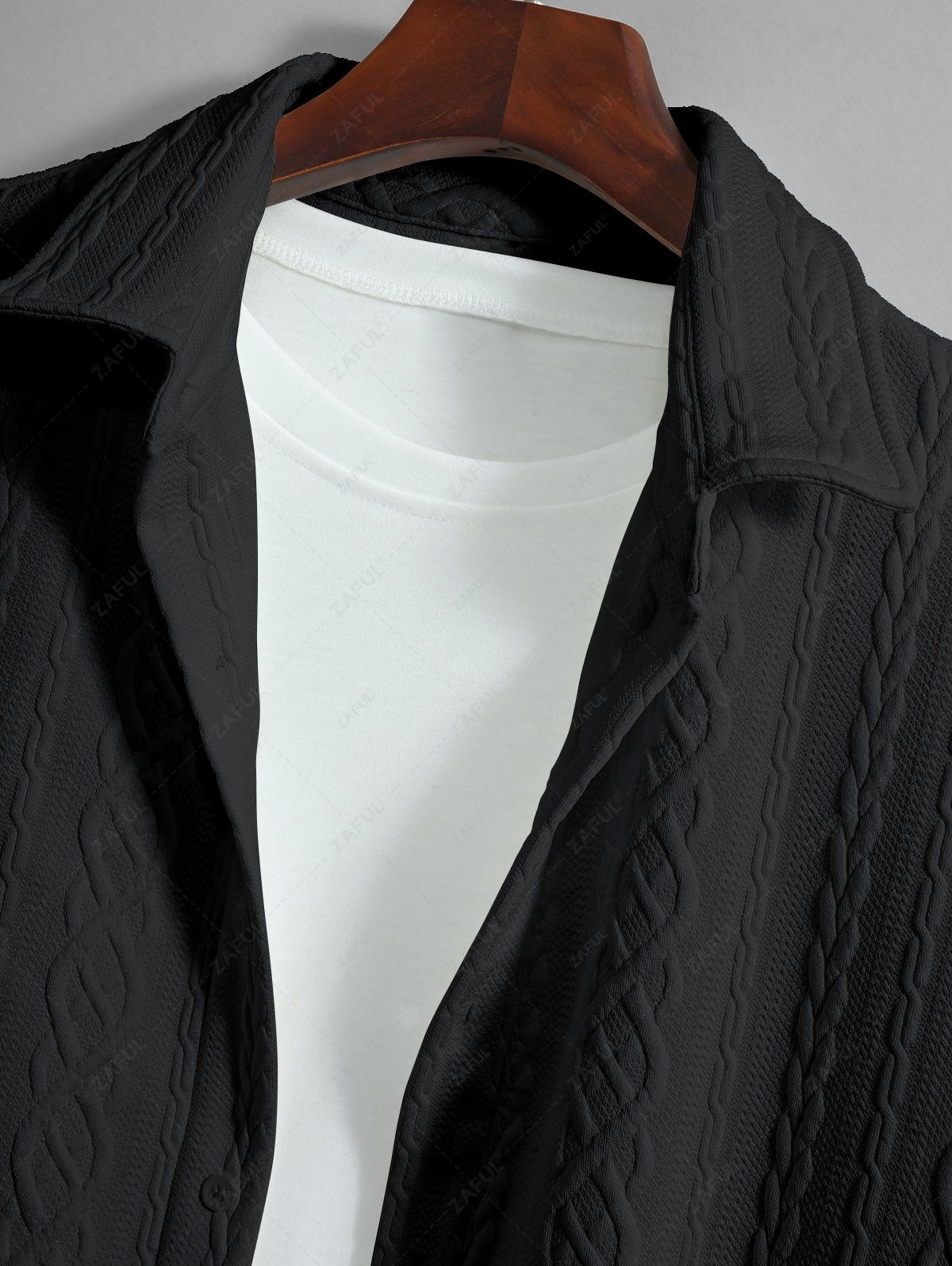 Men\'s Solid Color Cable Knit Jacquard Textured Button Up Short Sleeves Shirt And Drawstring Shorts Set WHITE BLACK COFFEE - PURECLO