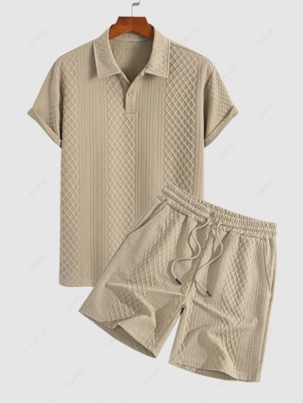 Men\'s Solid Color Geometric Jacquard Textured Polo Collar Half Buttoned Short Sleeves T-shirt And Drawstring Casual Shorts Set COFFEE - PURECLO