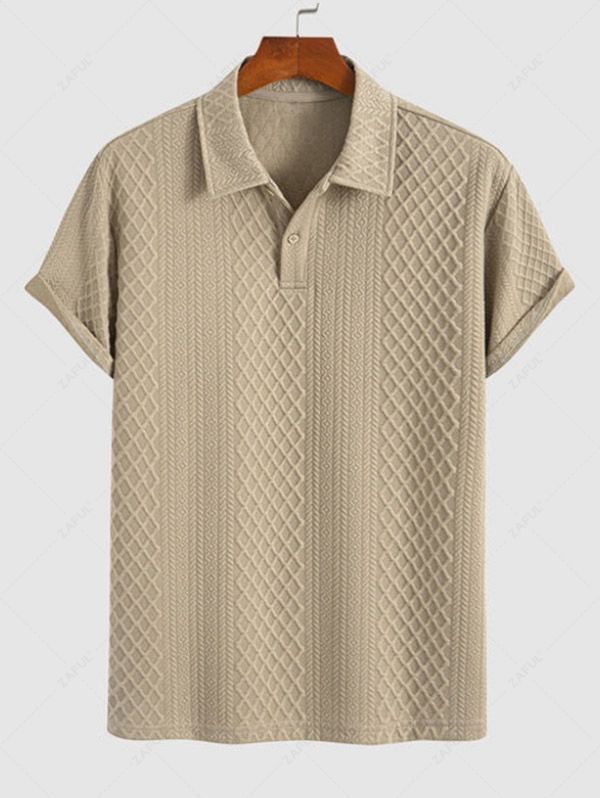 Men\'s Solid Color Geometric Jacquard Textured Polo Collar Half Buttoned Short Sleeves T-shirt And Drawstring Casual Shorts Set COFFEE - PURECLO