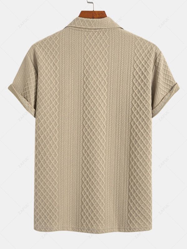 Men\'s Solid Color Geometric Jacquard Textured Polo Collar Half Buttoned Short Sleeves T-shirt And Drawstring Casual Shorts Set COFFEE - PURECLO