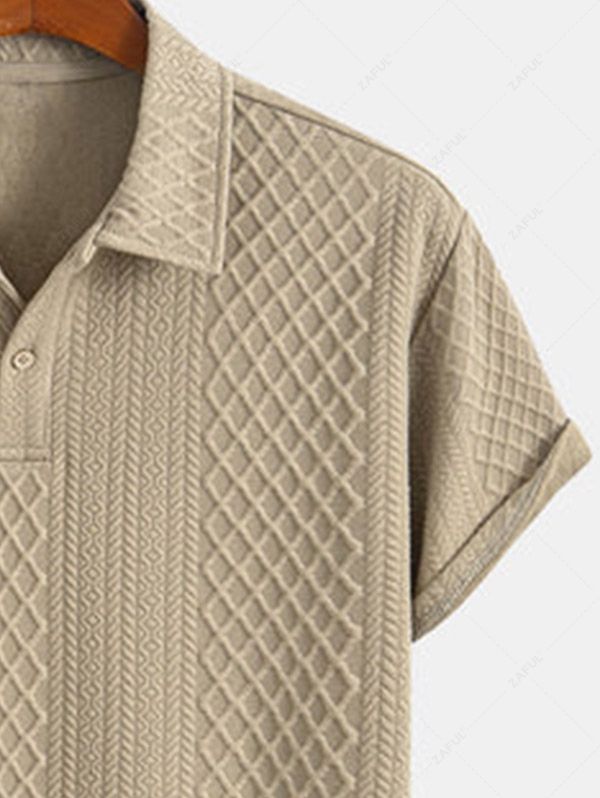Men\'s Solid Color Geometric Jacquard Textured Polo Collar Half Buttoned Short Sleeves T-shirt And Drawstring Casual Shorts Set COFFEE - PURECLO