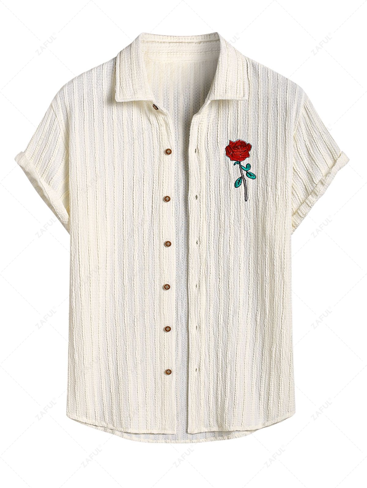 Men\'s Casual Wavy Stripes Textured Floral Rose Embroidered Button Up Short Sleeves Shirt LIGHT COFFEE - PURECLO