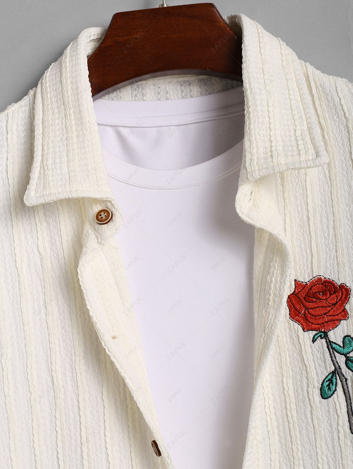 Men\'s Casual Wavy Stripes Textured Floral Rose Embroidered Button Up Short Sleeves Shirt LIGHT COFFEE - PURECLO