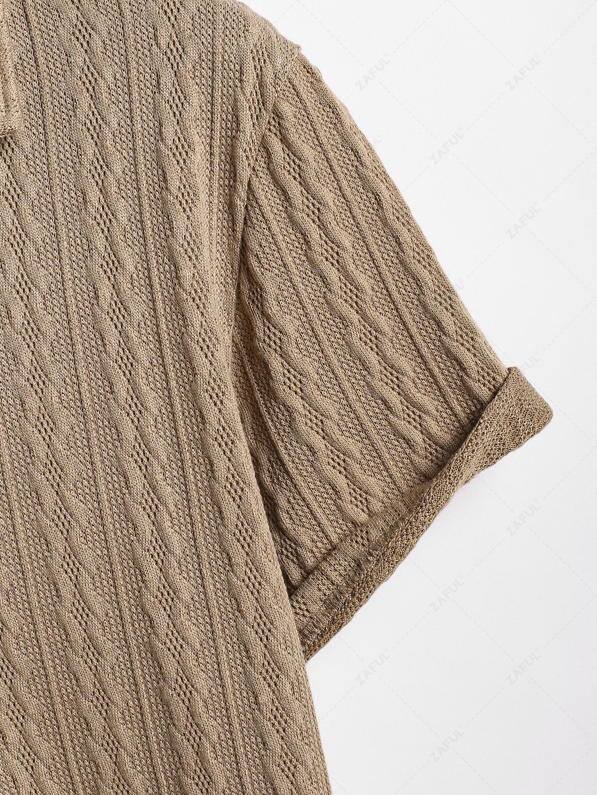 Men\'s Solid Color Knit Jacquard Textured Polo Collar Half Buttoned Short Sleeves T-shirt COFFEE - PURECLO