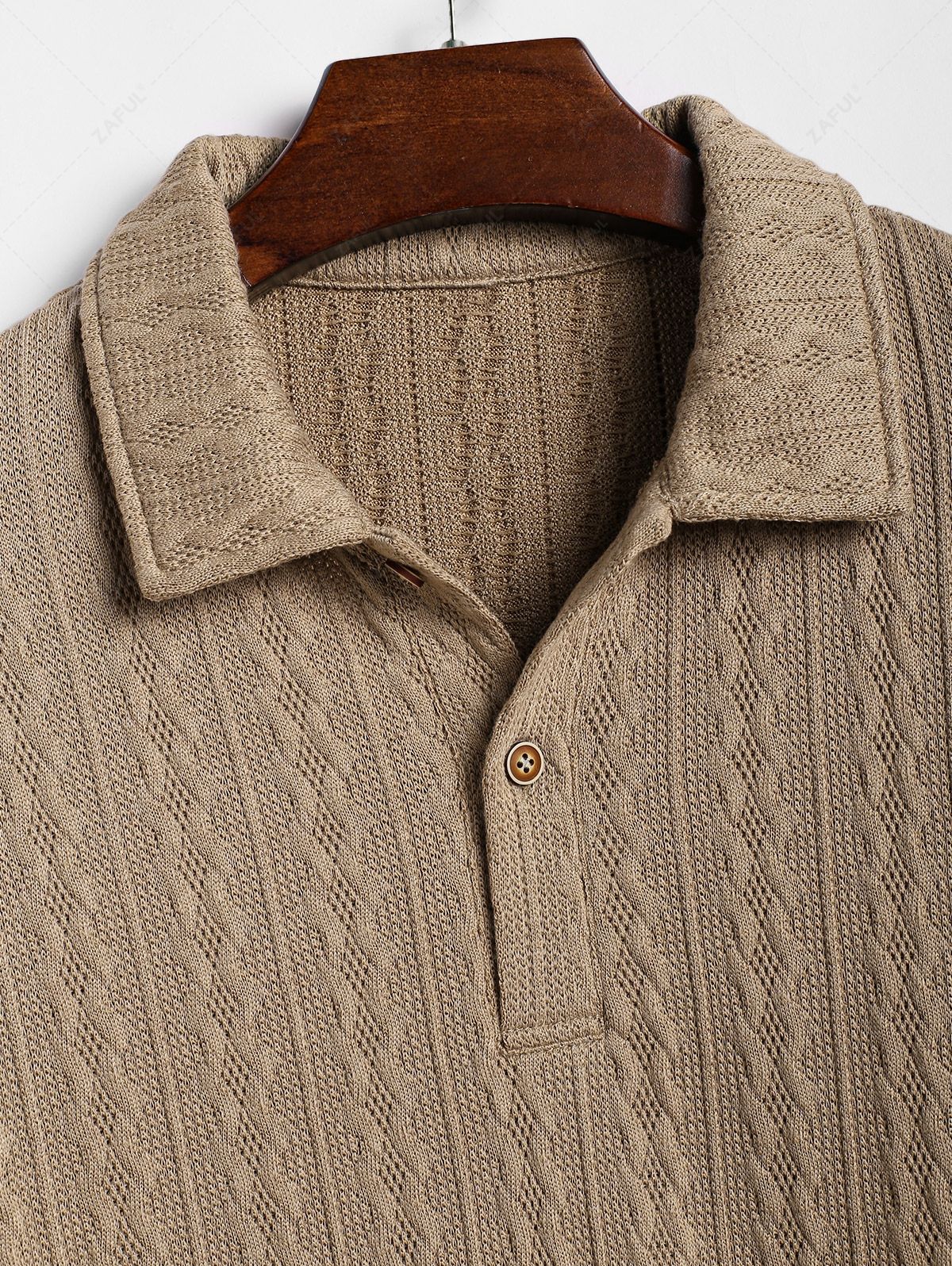 Men\'s Solid Color Knit Jacquard Textured Polo Collar Half Buttoned Short Sleeves T-shirt COFFEE - PURECLO