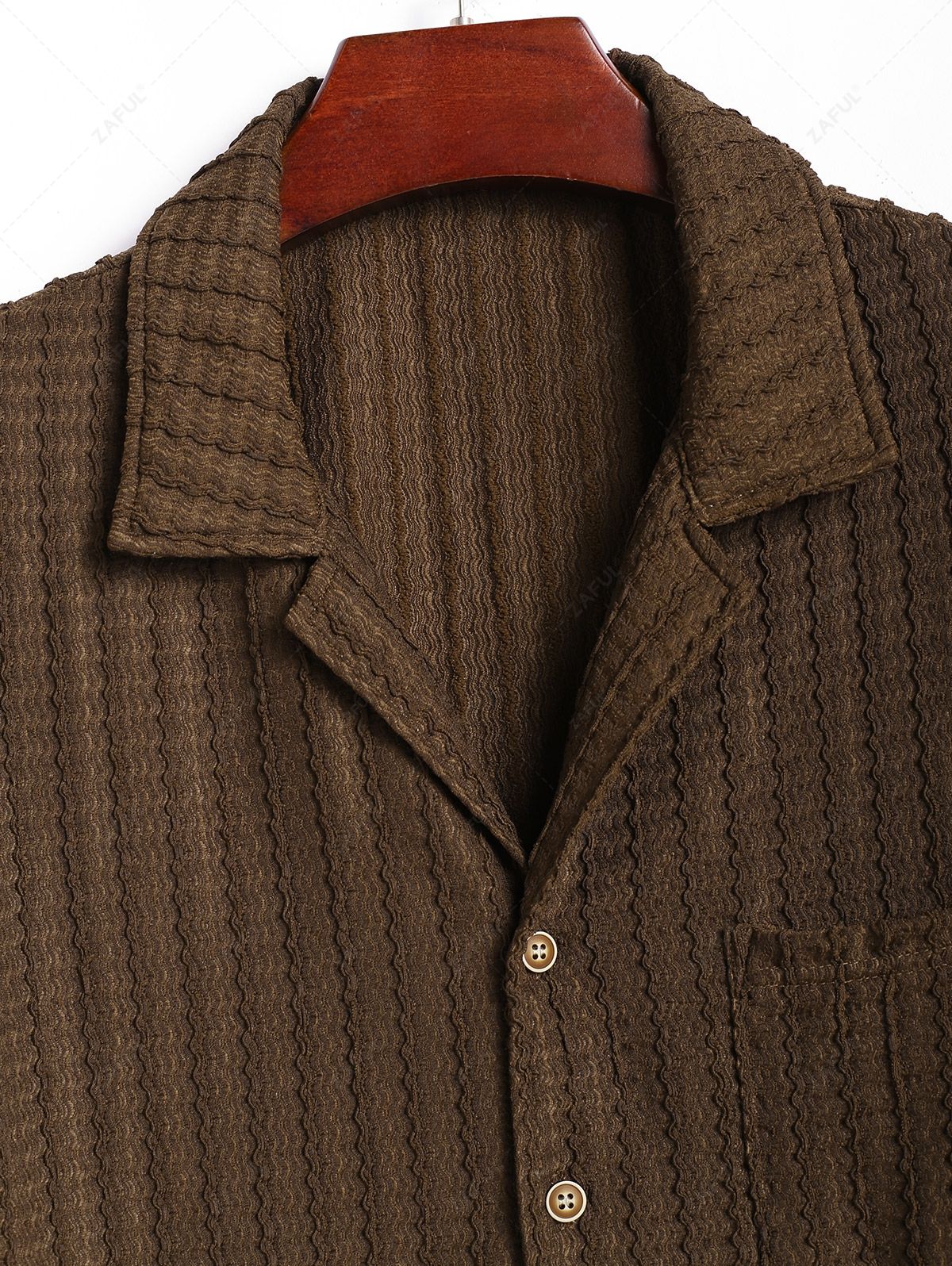 Men\'s Casual Wavy Textured Front Pocket Camp Collar Button Up Short Sleeves Shirt DEEP COFFEE - PURECLO