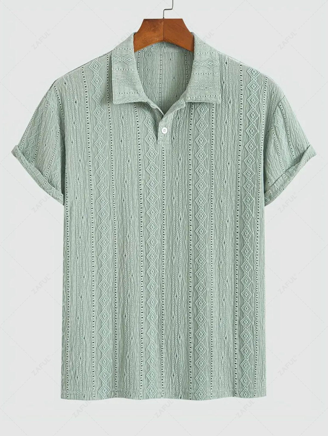 Men\'s Casual Textured Openwork Polo Collar Half Buttoned Short Sleeves Shirt And Cotton and Linen Straight Leg Pants Set LIGHT GREEN COFFEE - PURECLO