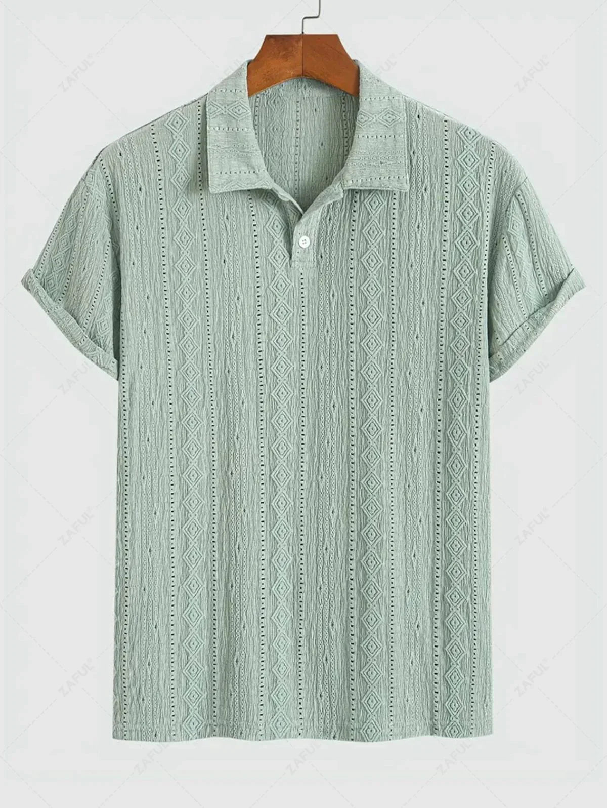 Men\'s Casual Textured Openwork Polo Collar Half Buttoned Short Sleeves Shirt And Cotton and Linen Straight Leg Pants Set LIGHT GREEN COFFEE - PURECLO