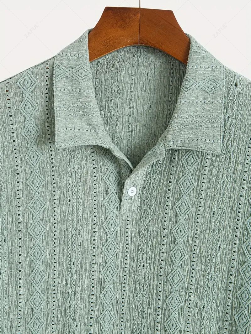 Men\'s Casual Textured Openwork Polo Collar Half Buttoned Short Sleeves Shirt And Cotton and Linen Straight Leg Pants Set LIGHT GREEN COFFEE - PURECLO