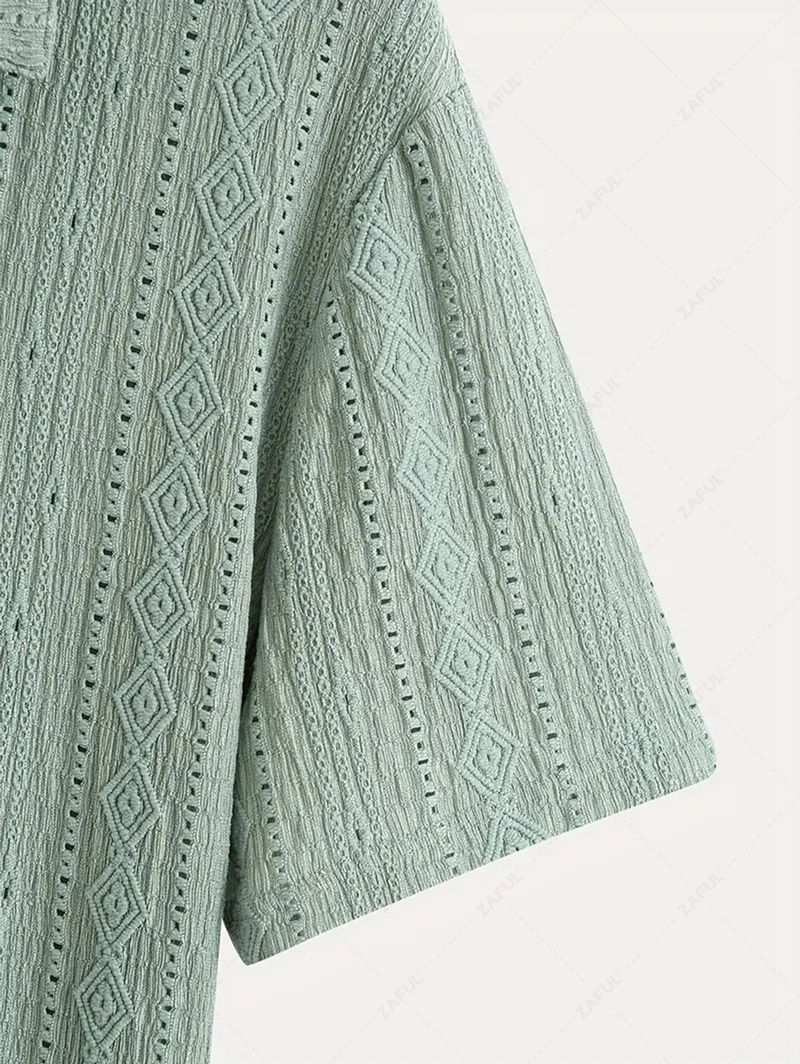 Men\'s Casual Textured Openwork Polo Collar Half Buttoned Short Sleeves Shirt And Cotton and Linen Straight Leg Pants Set LIGHT GREEN COFFEE - PURECLO