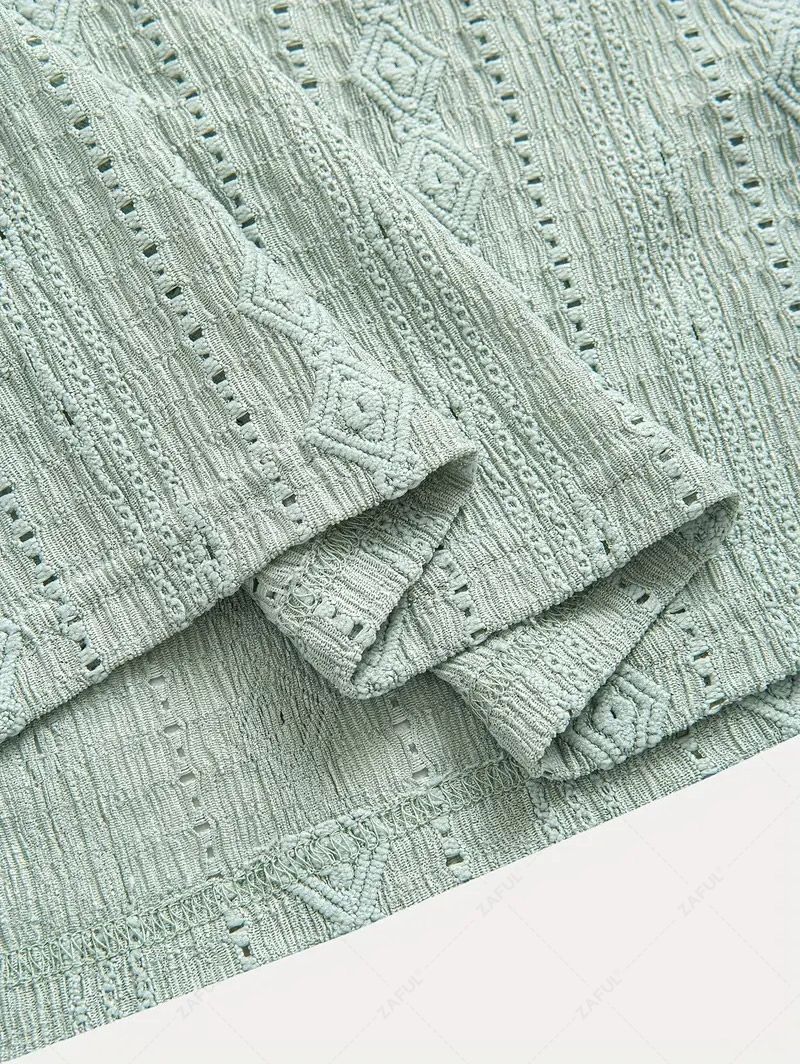 Men\'s Casual Textured Openwork Polo Collar Half Buttoned Short Sleeves Shirt And Cotton and Linen Straight Leg Pants Set LIGHT GREEN COFFEE - PURECLO