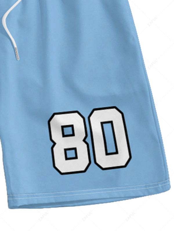 Men\'s Letter Number Stars Globe Icon Graphic Printed Crew Neck Short Sleeves T-shirt And Drawstring Casual Shorts Set CRYSTAL BLUE VALENTINE RED - PURECLO