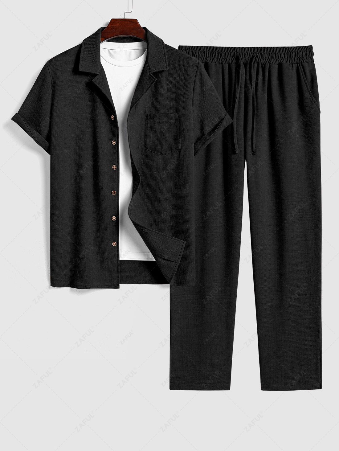 Men\'s Cotton And Linen Textured Pocket Design Camp Collar Button Up Short Sleeves Shirt And Drawstring Straight Leg Pants Set BLACK LIGHT BLUE COFFEE - PURECLO