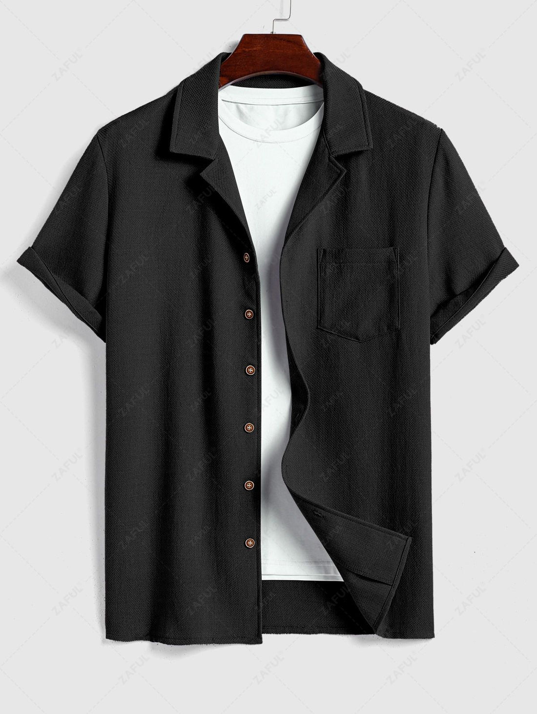 Men\'s Cotton And Linen Textured Pocket Design Camp Collar Button Up Short Sleeves Shirt And Drawstring Straight Leg Pants Set BLACK LIGHT BLUE COFFEE - PURECLO