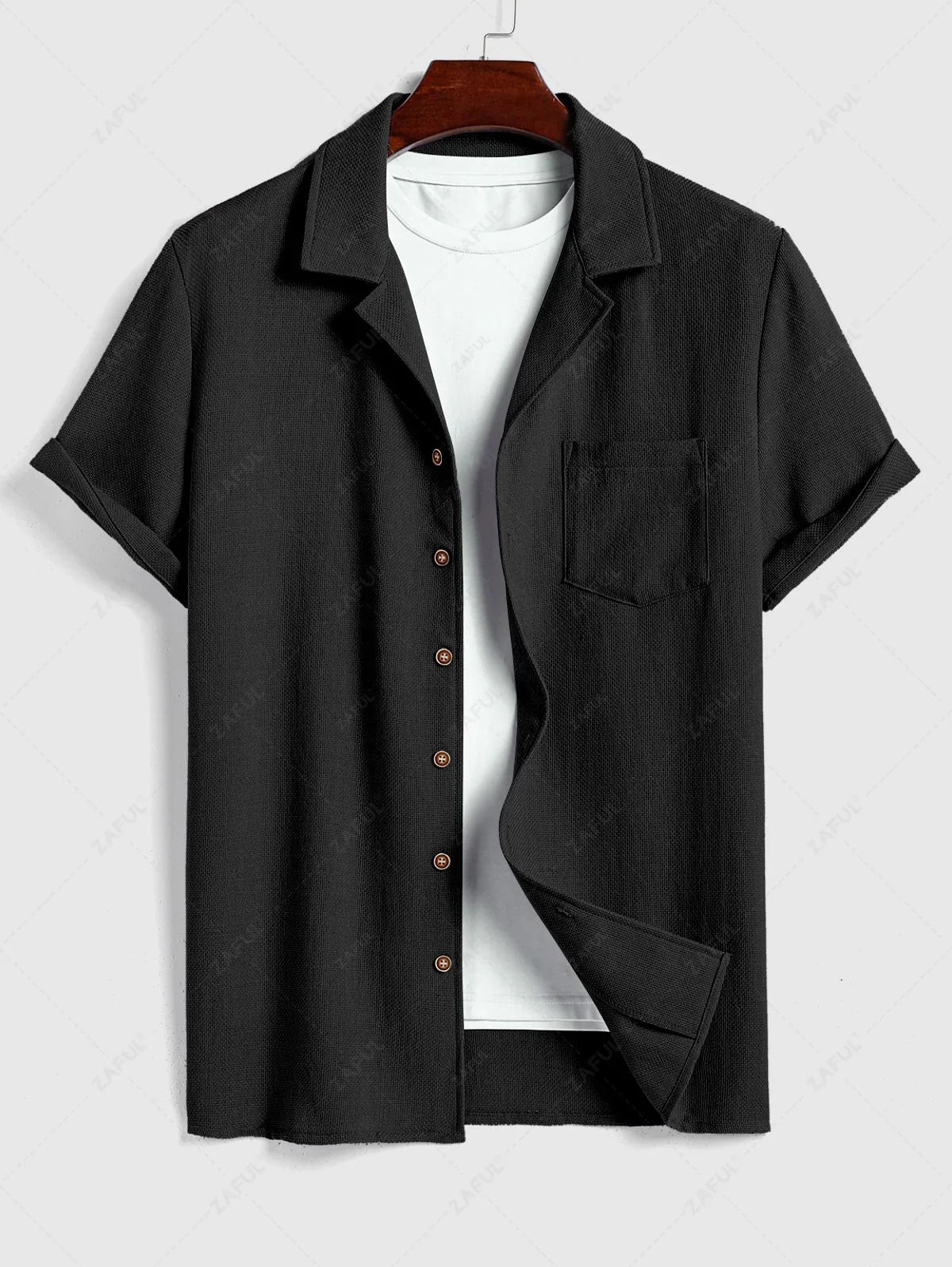 Men\'s Cotton And Linen Textured Pocket Design Camp Collar Button Up Short Sleeves Shirt And Drawstring Straight Leg Pants Set BLACK LIGHT BLUE COFFEE - PURECLO