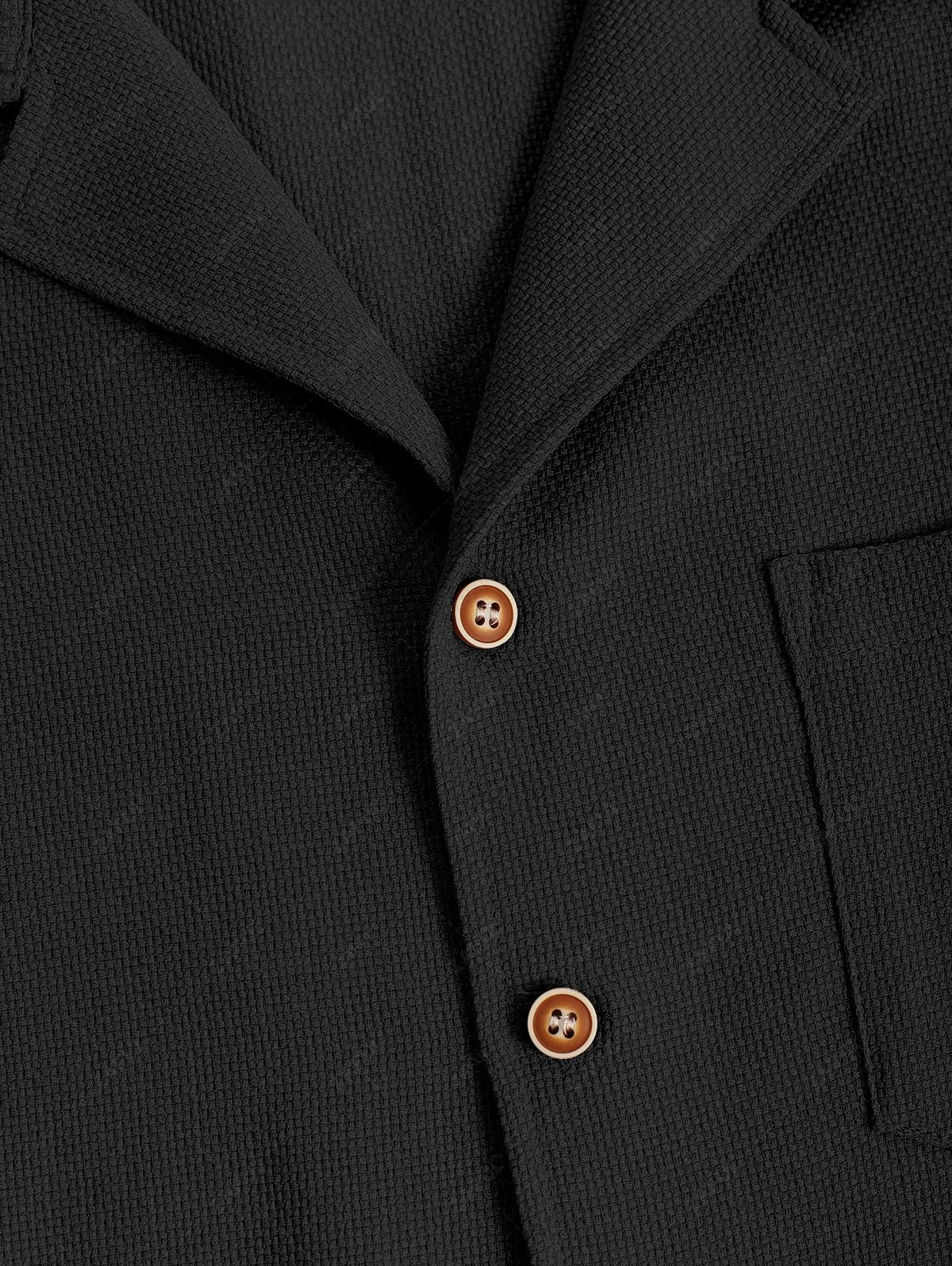 Men\'s Cotton And Linen Textured Pocket Design Camp Collar Button Up Short Sleeves Shirt And Drawstring Straight Leg Pants Set BLACK LIGHT BLUE COFFEE - PURECLO