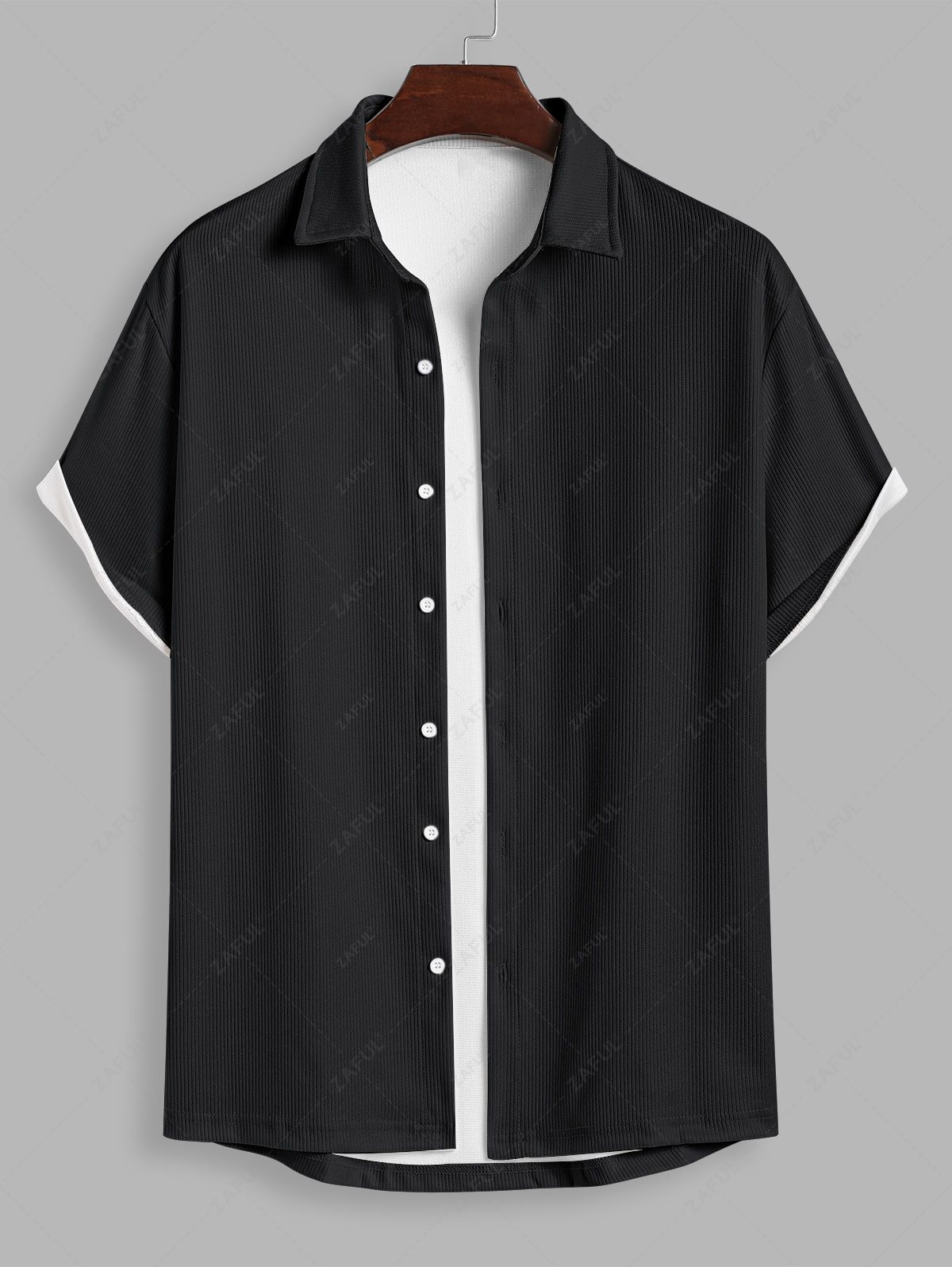 Men\'s Casual Solid Color Textured Button Up Short Sleeves Shirt And Cotton and Linen Straight Leg Pants Set BLACK WHITE - PURECLO