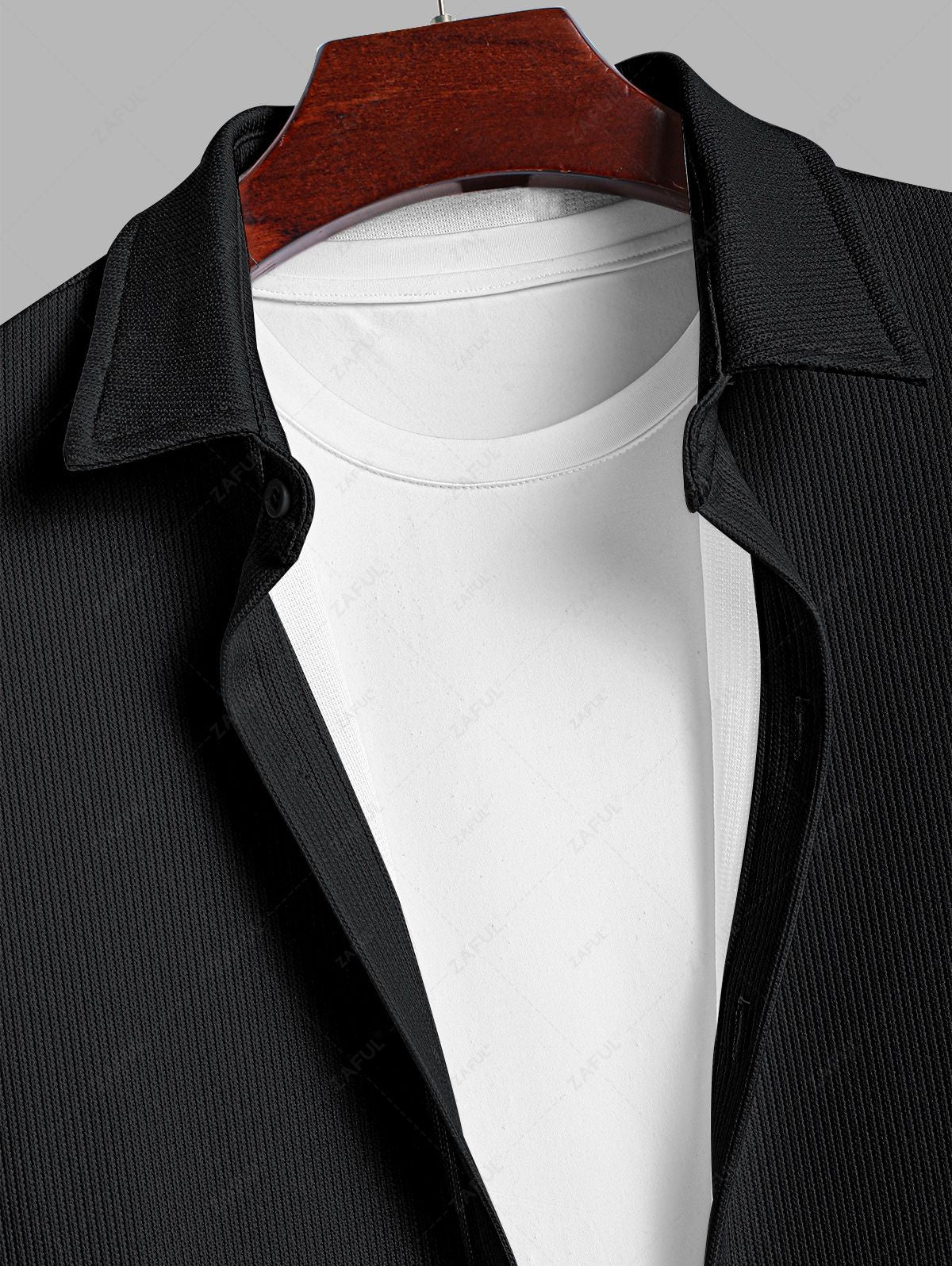 Men\'s Casual Solid Color Textured Button Up Short Sleeves Shirt And Cotton and Linen Straight Leg Pants Set BLACK WHITE - PURECLO