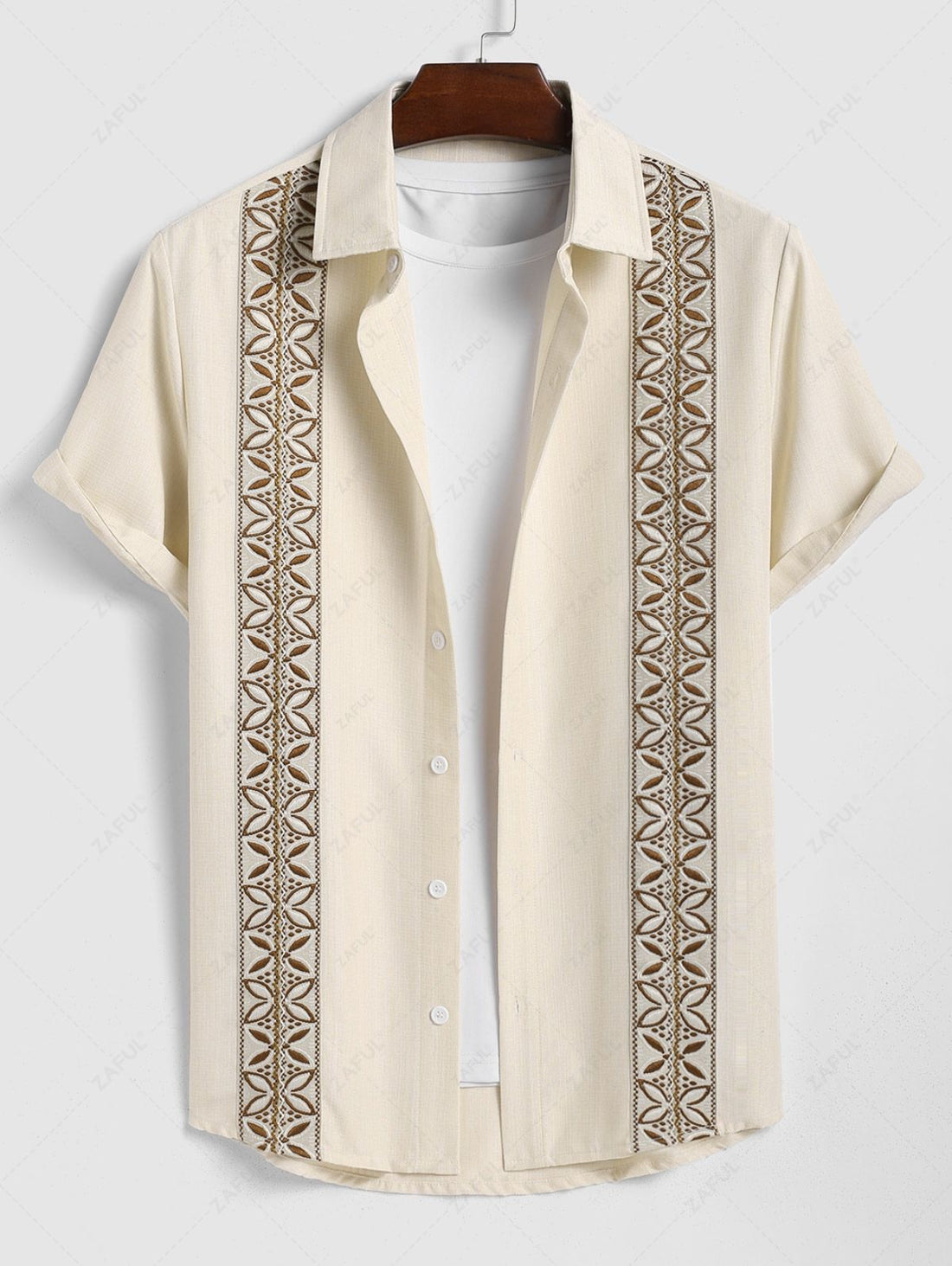 Men\'s Vintage Geometric Floral Leaves Shaped Embroidered Woven Tape Patched Button Up Short Sleeves Shirt APRICOT - PURECLO