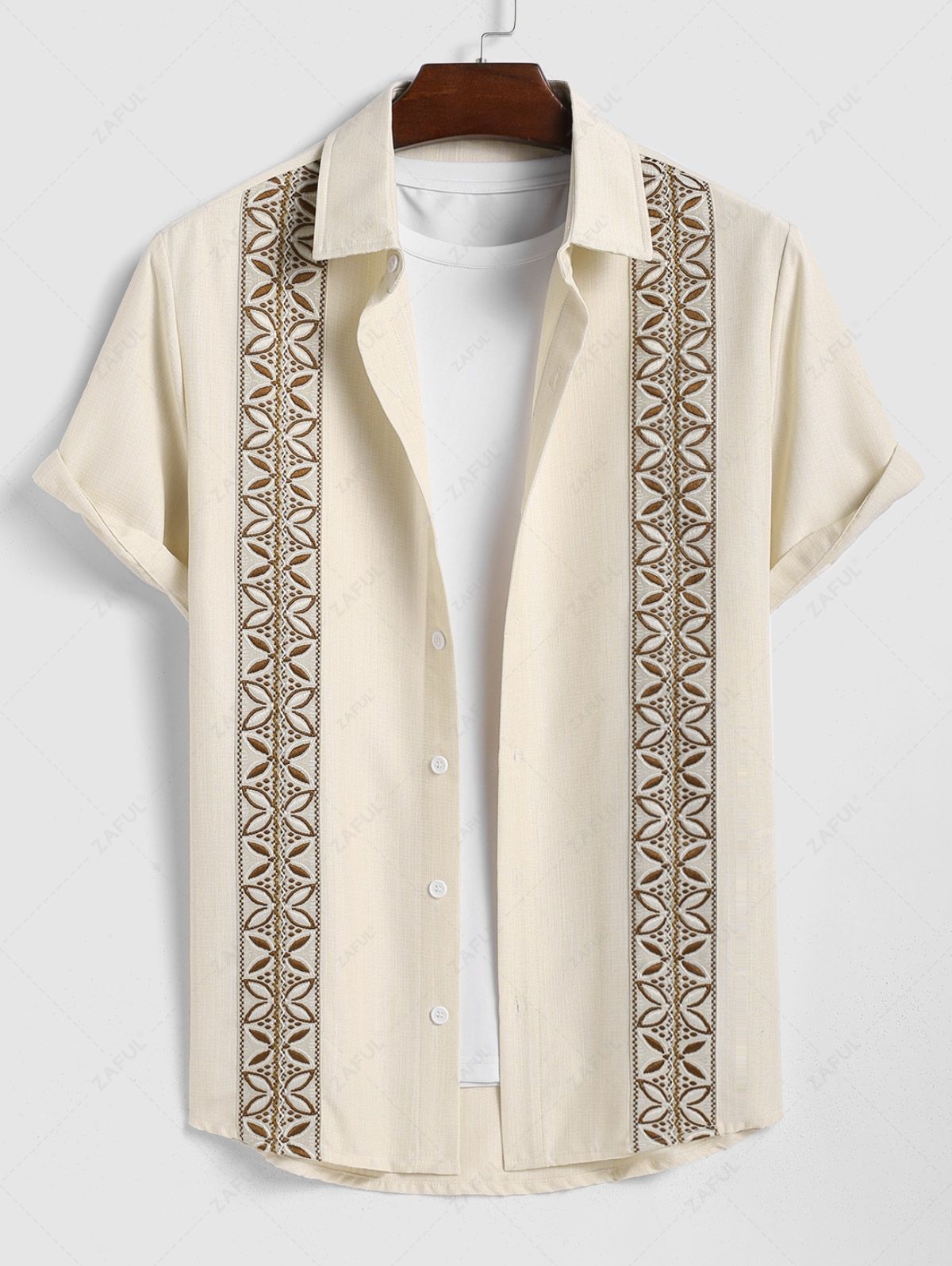 Men\'s Vintage Geometric Floral Leaves Shaped Embroidered Woven Tape Patched Button Up Short Sleeves Shirt APRICOT - PURECLO