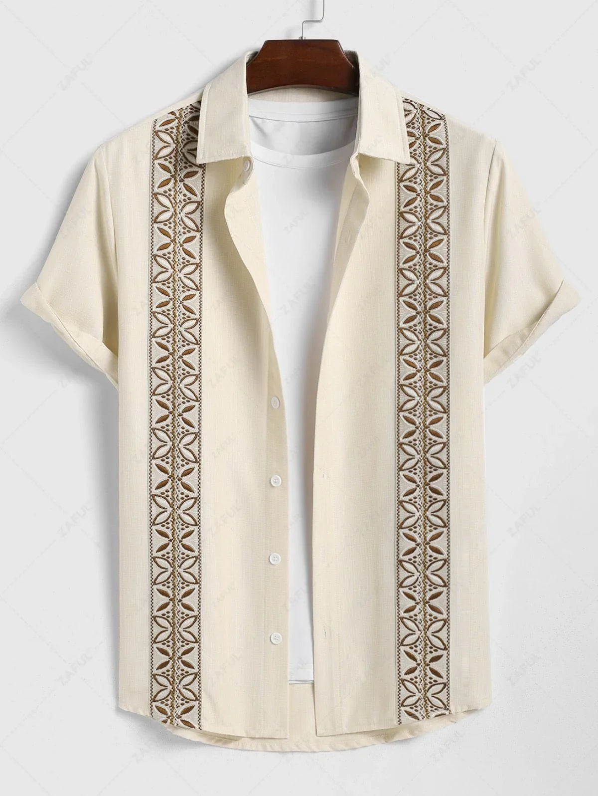 Men\'s Vintage Geometric Floral Leaves Shaped Embroidered Woven Tape Patched Button Up Short Sleeves Shirt APRICOT - PURECLO