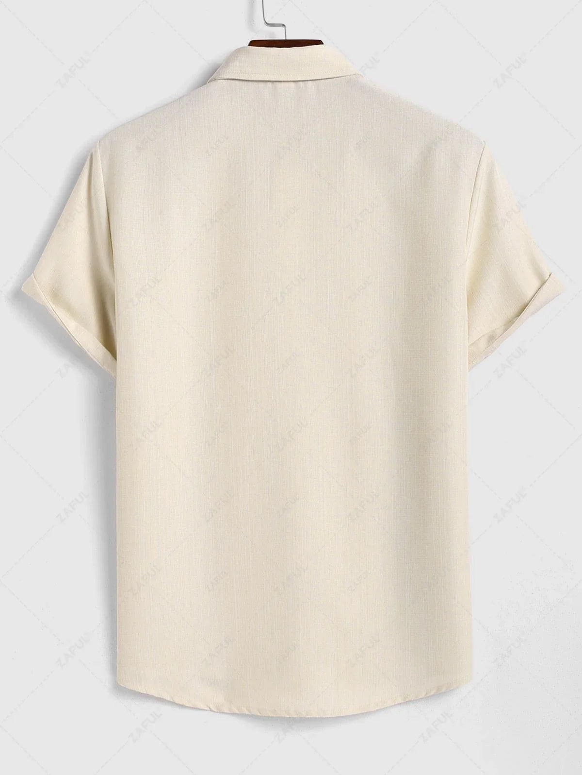 Men\'s Vintage Geometric Floral Leaves Shaped Embroidered Woven Tape Patched Button Up Short Sleeves Shirt APRICOT - PURECLO