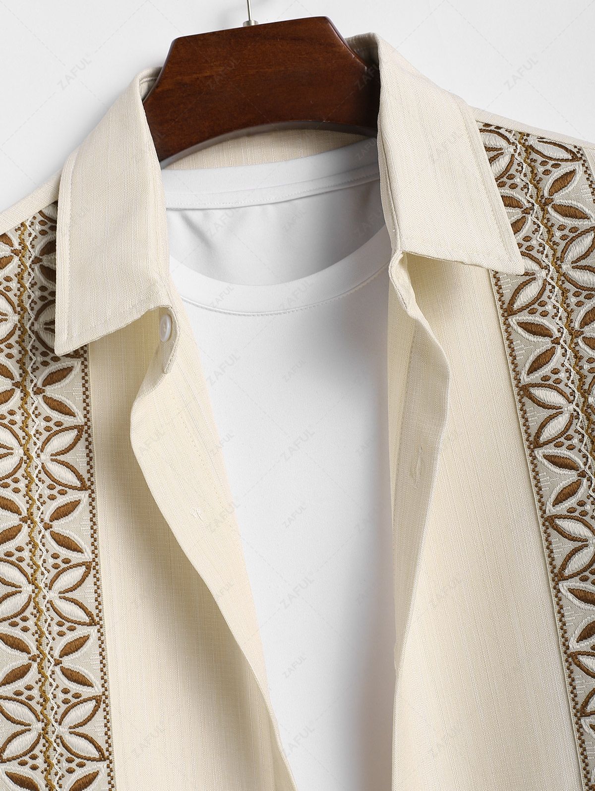 Men\'s Vintage Geometric Floral Leaves Shaped Embroidered Woven Tape Patched Button Up Short Sleeves Shirt APRICOT - PURECLO