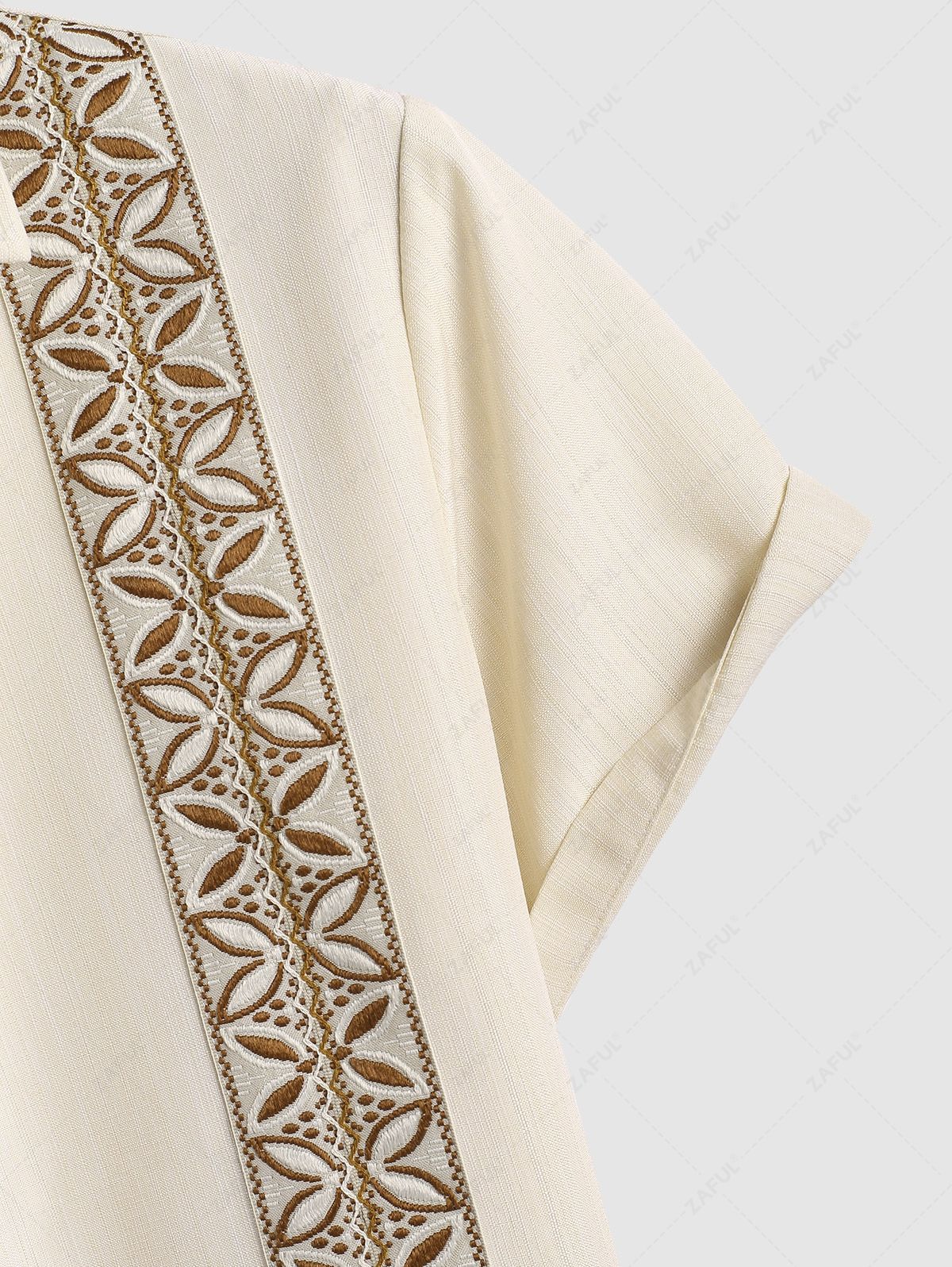 Men\'s Vintage Geometric Floral Leaves Shaped Embroidered Woven Tape Patched Button Up Short Sleeves Shirt APRICOT - PURECLO