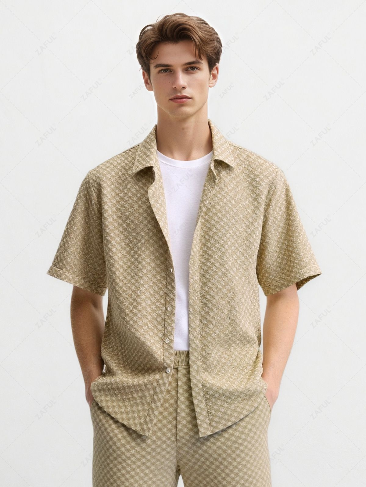 Men\'s Casual Jacquard Textured Button Up Short Sleeves Shirt And Drawstring Shorts Set LIGHT COFFEE LIGHT BLUE BLACK - PURECLO