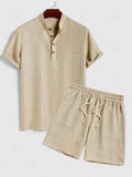 Men\'s Solid Color Linen Textured Stand Collar Half Buttoned Short Sleeves Shirt And Slant Pockets Drawstring Casual Shorts Set LIGHT COFFEE - PURECLO
