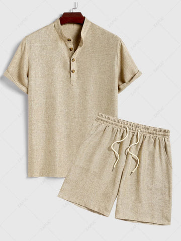 Men\'s Solid Color Linen Textured Stand Collar Half Buttoned Short Sleeves Shirt And Slant Pockets Drawstring Casual Shorts Set LIGHT COFFEE - PURECLO
