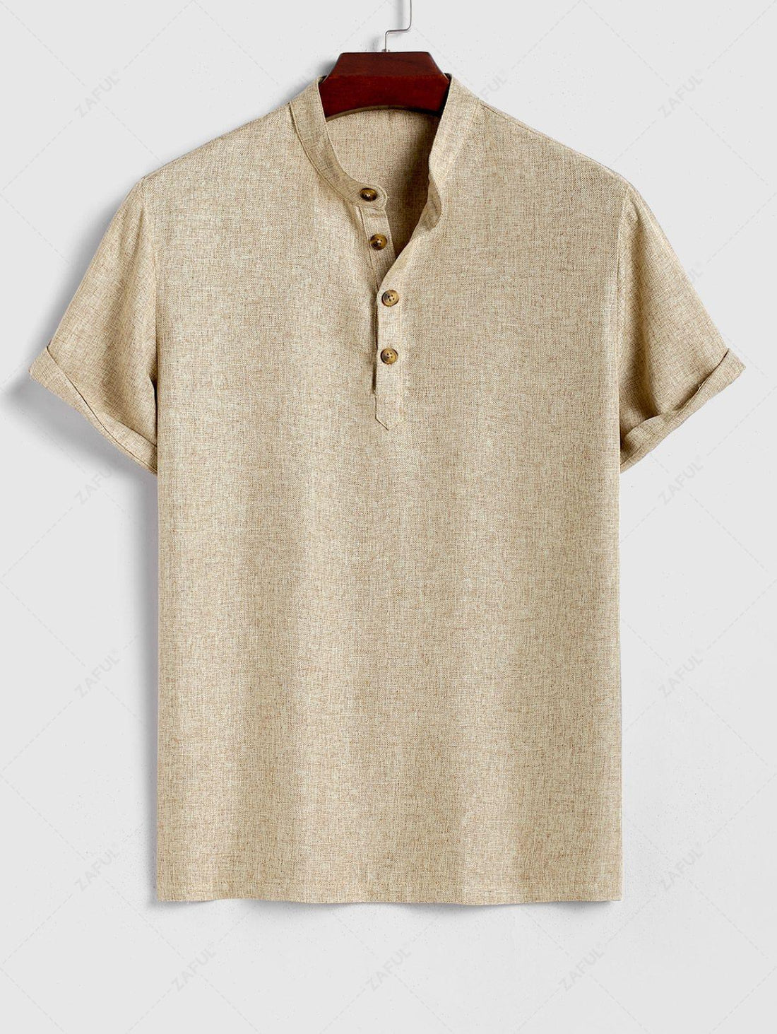 Men\'s Solid Color Linen Textured Stand Collar Half Buttoned Short Sleeves Shirt And Slant Pockets Drawstring Casual Shorts Set LIGHT COFFEE - PURECLO